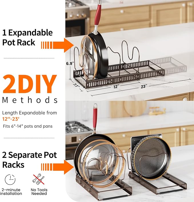 MUDEELA Expandable Pot Pan Lid Organizers inside Cabinet, 12 Divider-Bronze | Expandable 11.8–22.9", 12 Adjustable Divider, Tool-Free Assembly, Non-Slip, Scratch-Proof, For Pan Lid Cutting Board Bakeware - Image 2