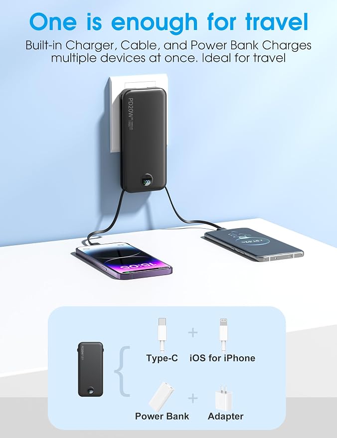 citicr Portable Charger 10000mAh PD20W w/Built-in Cables & Wall Plug Black | Fast charging, Built-in wall plug, LED display, Charge 5 devices at once, Pass through charging, TSA approved, Pocket size - Image 4