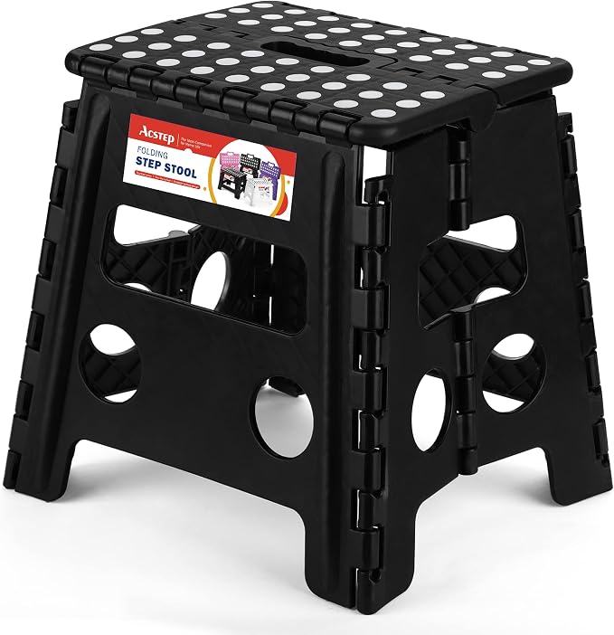 13 Inch Folding Step Stool, Non-Slip Surface for Adults/Kids, Black | Collapsible Heavy Duty Foldable Stools, Portable Foot Stepping Stool Holds 300 lb, Kitchen Bathroom Outdoor, with Handle by ACSTEP