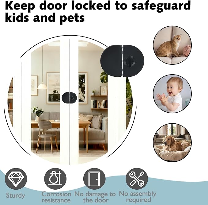 Bi-fold Door Lock - (Metal) Closet Protection Child and Pet Proof - Suitable for All thicknesses of Wooden Door - Image 5