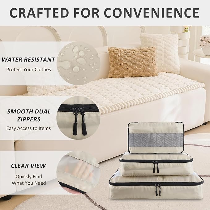 U+U 5 Set Packing Cubes, Travel Organizers with Shoe Bag (Cream) | Ultralight Design & Easy Travel Organization - Image 2