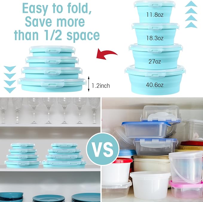 Yaomiao 16 Pack Collapsible Food Storage Container with Lid,Blue | Silicone Bowls with Air Vent, Foldable Rectangle Round Bowl ,For Rv Camping Meal Prep Organizing, Microwave Freezer Safe - Image 5
