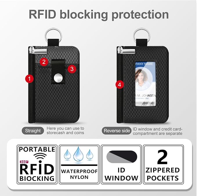 Minimalist RFID Blocking Small Wallet with ID Window,WaterResistant Zip Id Case Wallet with Lanyard Keychain for Cards,Cash,Travel,Women,Men (Black/DarkGrey) - Image 2