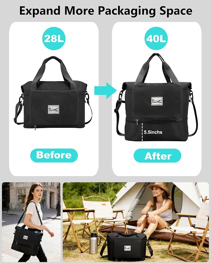 Foldable Travel Duffel Bag for Women, Black | 40L Expandable Water-Resistant Carry on Bag, Personal Item Travel Bag Flight Approved with Wet Pocket for Gym Travel, Nylon - Image 2