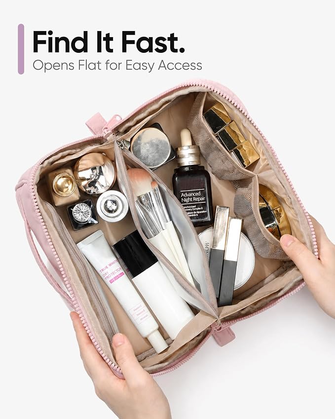 NISHEL Travel Makeup Bag for women, Organizer Pouch Cosmetic Case | Open-flat design keeps cosmetics, brushes, and beauty tools organized for travel and daily routines, Medium, Pink - Image 5