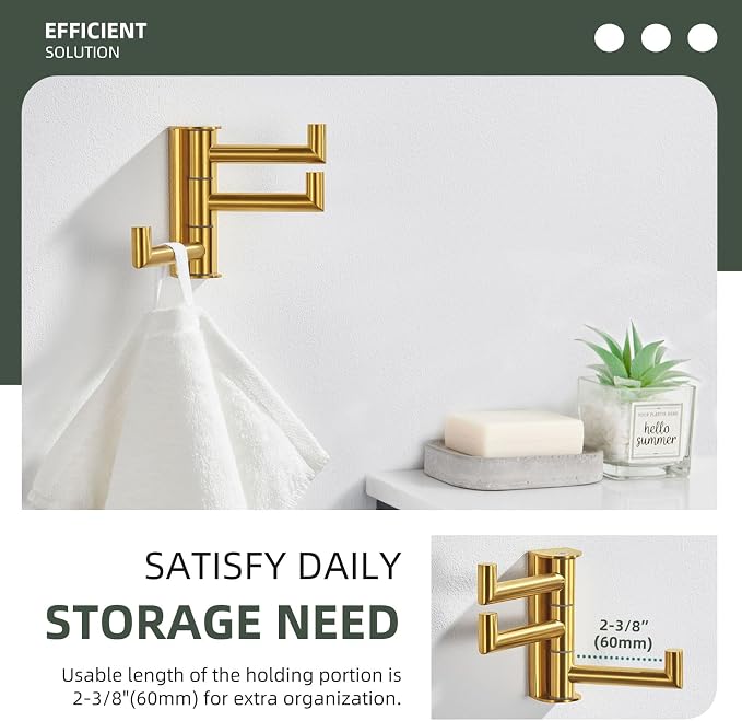 Angle Simple Swivel Towel Hook for Bathroom, Coat Hook Brushed Dark Gold | SUS304 Stainless Steel, 3 Foldable Arms, Space Saving Kitchen Hand Wash Towel Holder, Screws Mounted - Image 6