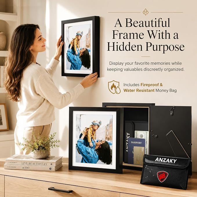 Hidden Picture Frame Safe with Fireproof Money Bag, Diversion Safe, 8x10 | Looks like real wall decor, hidden compartment fits cash, passports, cards, keys & documents. Large storage space. - Image 2
