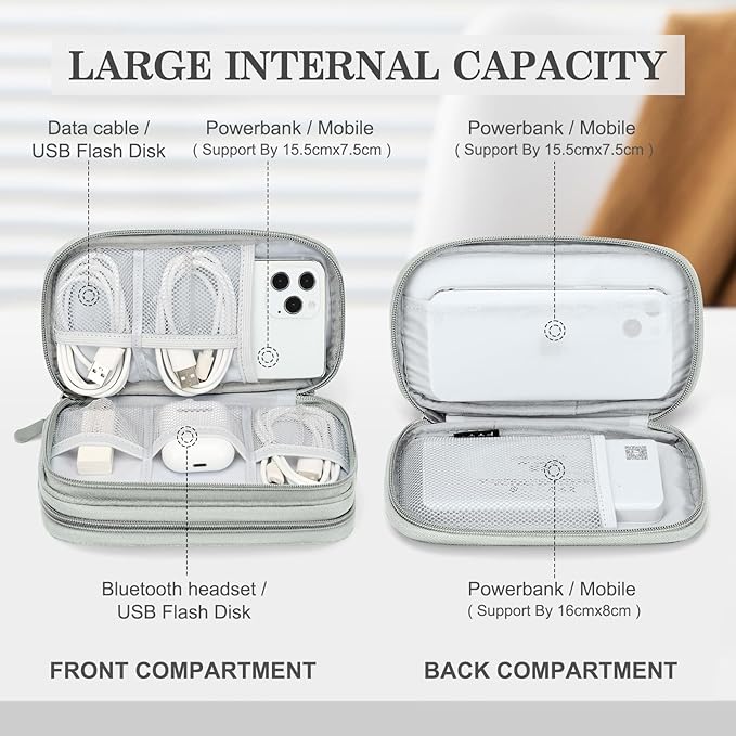 FYY Electronic Organizer, Travel Tech Pouch Bag, Cable Organizer Grey | Wrist Strap, Waterproof, Double Layers Portable Electronics Travel Carrying Case for Cord, Charger, Daily Business Trips Use - Image 3