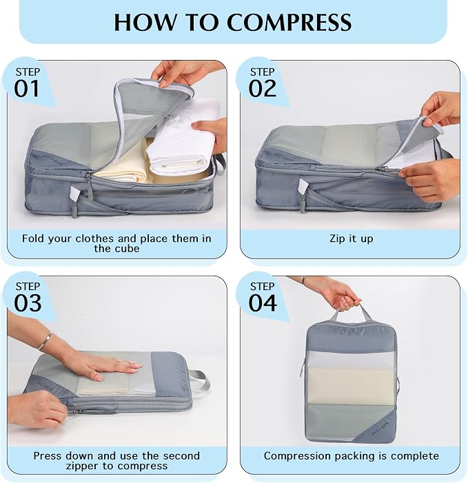 PFEYRPK Lightweight Compression Packing Cubes for Suitcases, Compressible Expandable Travel Packing Organizer with Clear Toiletries and Backpack Bag, Travel Essentials for Carry on Luggage 7 Set - Image 6