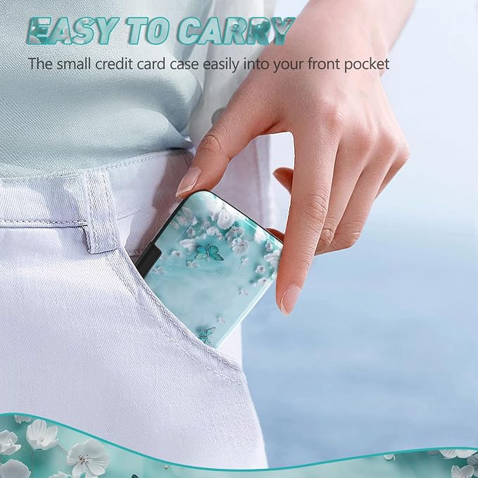 Credit Card Holder, Mini RFID Small Aluminum Card Wallet Business Card Case | Blocking Slim Metal RFID Blocking Front Pocket Wallet Hard Case Durable CC Holder for Women Girls, Green Teal Butterfly - Image 6