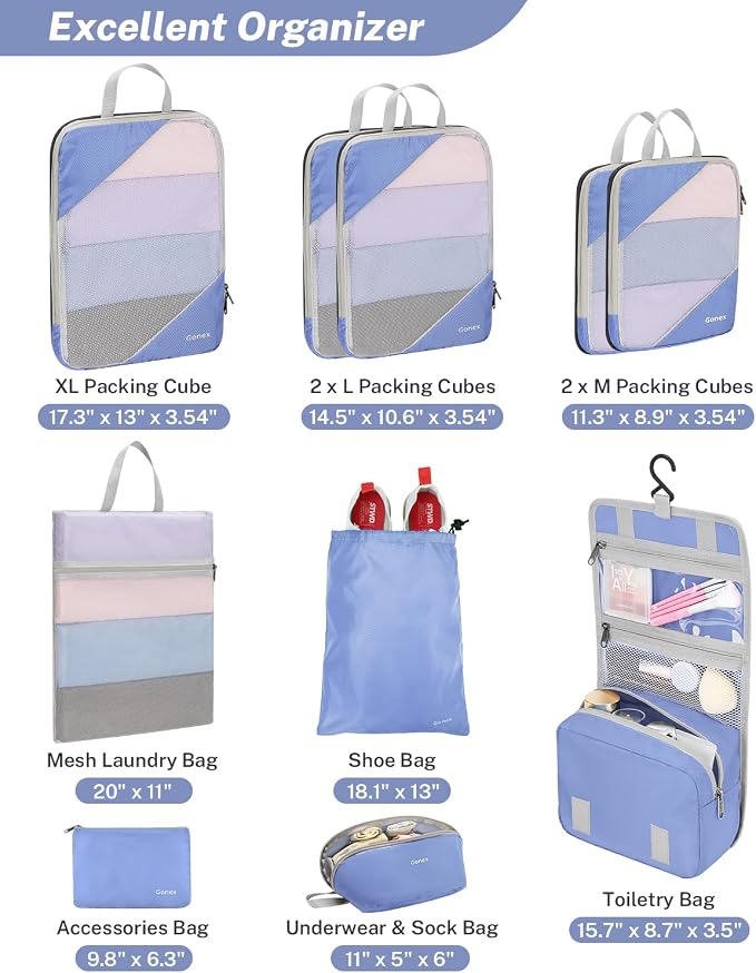 Gonex Compression Packing Cubes for Travel, Mesh Bags Luggage Organizers | Set of 4/5/6/7/10 for Essentials, Extensible, Fits 20"Carry-on Suitcases, See-through Mesh, Double Zipper Compression - Image 3