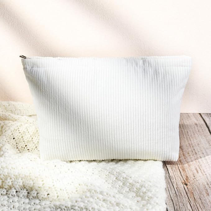 SOIDRAM 2 Pcs Corduroy Makeup Bag Large Cosmetic Bag Toiletry Bag Makeup Pouch Travel Bag Organizer Cute Makeup Brushes Aesthetic Accessories Storage Bag for Women White - Image 6