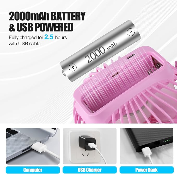 PureHome Portable Clip Fan Battery Operated,3 Speeds USB Rechargeable Mini Table Fan with Strong Airflow,360°Rotation Ultra Quiet Personal Desk Fan for Home Office Bedroom Dorm Stroller Camping- Pink - Image 3