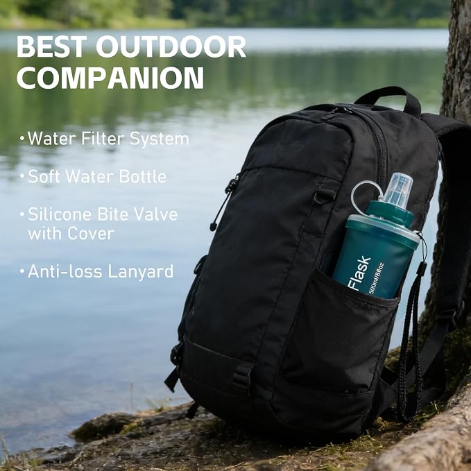 AXEN Collapsible Water Bottle with Filter for Hiking Travel, 1000ml Green | Foldable Design, Lightweight Portable Filtered Water Bottle, Soft Hydration Flask for Trail Hiking Running Outdoors - Image 8