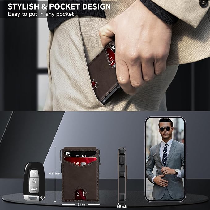Airtag Wallet for Men, Mens Smart Wallet for Air Tag RFID Blocking, Minimalist Bifold Pop Up Aluminum Credit Card Case Holder 12+ Cards with ID Window, Gift for Men, No Airtag Included, Coffee Brown - Image 7