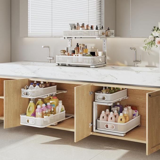2 Pack Under Sink Organizer With Smooth Cylindrical Rail,2-Tier Pull Out Multi-Purpose Cabinet Storage for Bathroom&Kitchen,Height Adjustable,Rust-resistant Coating-White - Image 6