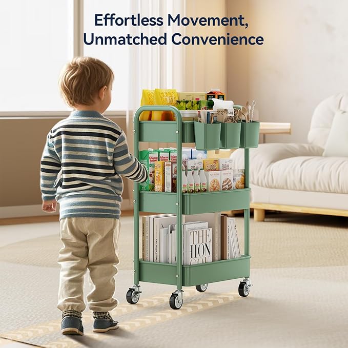 3-Tier Rolling Cart, Green, 66 Pounds Capacity, Mesh Storage Organizer with Lockable Wheels, 3 Hanging Cups, 4 Hooks, Easy Assembly, for Kitchen, Bathroom, Laundry, Grocery | Sturdy Rolling Storage Cart With Hooks & Hanging Cups, Great For Craft, Art W... - Image 3