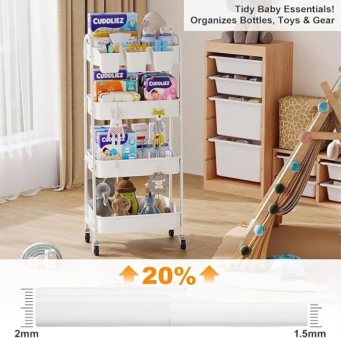 White 4 Tier Rolling Cart Metal with Wheels,Heavy Duty Utility Storage Cart | Four Tiered Roller Shelf Carts Organizer on Wheels for Kitchen, Book, Snack, Craft, Art, Dorm,Large Capacity Basket,38in Tall - Image 4