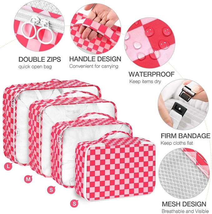 8 Set Packing Cubes for Suitcases,Packing Cube with Shoe,Cosmetics,Clothing, and Accessories Bags Packing Cubes for Travel Luggage Organizer Women Men(Rose Checkered) - Image 3