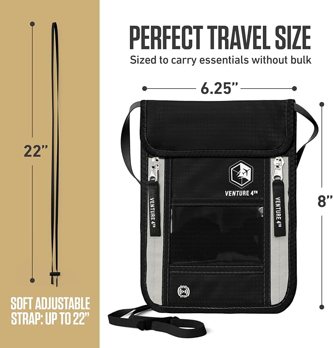 VENTURE 4TH Travel Neck Wallet, RFID Blocking Passport Holder - Black - Image 3
