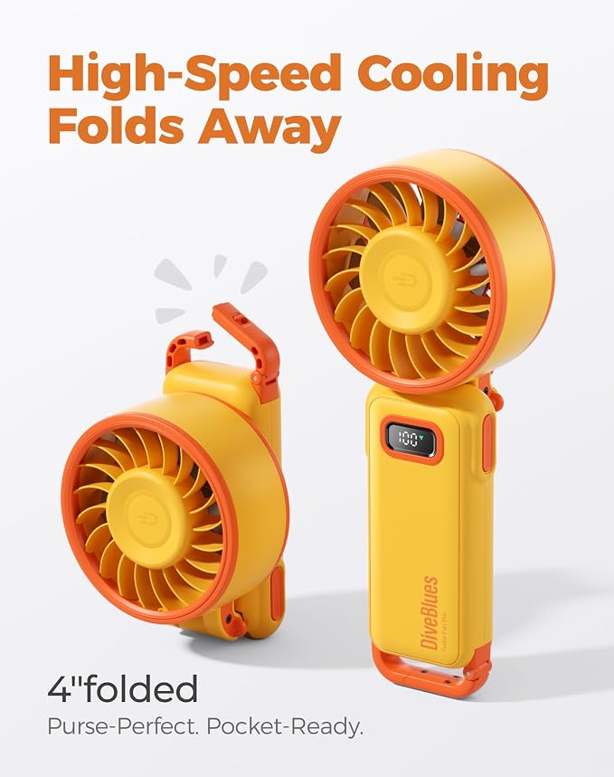 Diveblues Portable Handheld Fan, 7.4m/s High Speed Turbo Fan, 180° Foldable 4-in-1 Personal Neck Fan Integrated Carabiner Clip, 100 Speed Stepless Control, USB-C Rechargeable, 12H Battery, Fanzy D6036 - Image 3