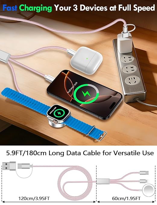 Travel Essentials for Apple Watch Charger,iPhone Charger,3 in 2 Type C/Lightning/Magnetic Travel Charging Cable,Portable Multi Charging Cable for Apple Watch, iPhone 17‑11,Samsung S26,Car,iPad-6FT - Image 6