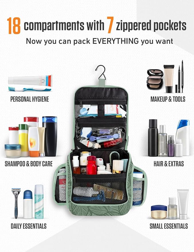 VENTURE 4TH Hanging Travel Toiletry Bag, 17 Compartments - Green Leaves | Hangs on rails, hooks or doors; stands upright too. Removable TSA pouch. Water-resistant 900D Nylon, reinforced stitching. - Image 3