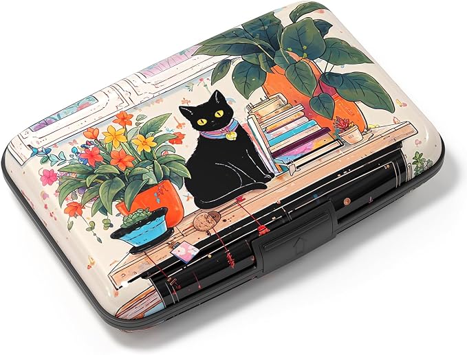 Credit Card Holder, Mini Aluminum Card Wallet RFID Blocking Slim Metal Hard Card Case for Women Men, Cat on Closet by Atufsuat