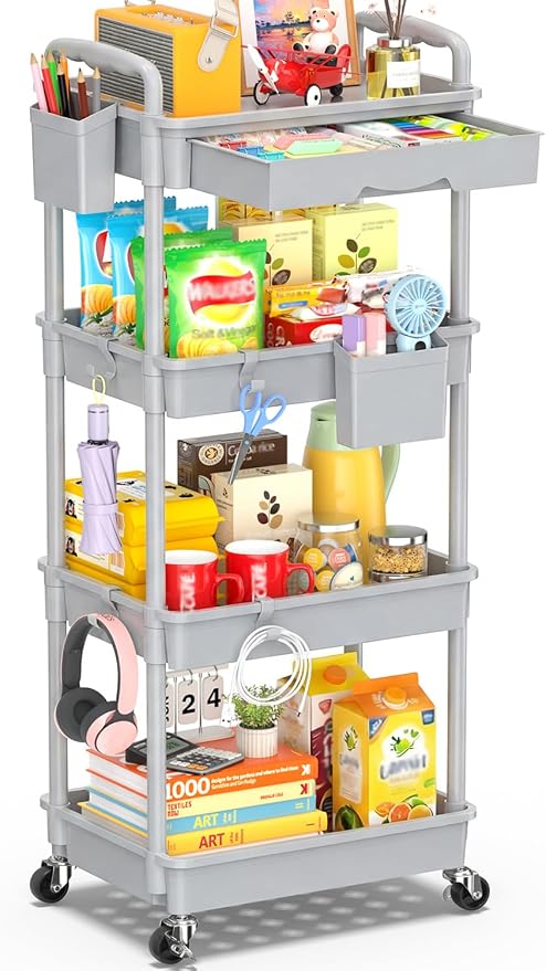 SUNALLY 4 Tier Rolling Cart with Drawer, Craft Storage Cart Organizer, Gray | Bathroom Storage Organizer with 2 Lockable Wheels, Rolling Utility Cart for Kitchen, Office, Baby, Makeup, Nail,Snack,Laundry by SUNALLY