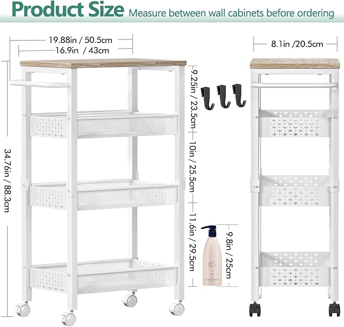 Vivihomety 4-Tier Laundry Utility Rolling Storage Cart with Wheels, Metal | Narrow 8.1" wide, lockable wheels, wood top panel, metal frame, for laundry room, small spaces, pantry, tight gaps, White - Image 4