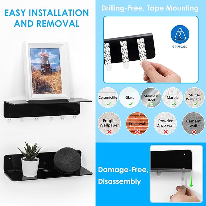 OAPRIRE Acrylic Floating Wall Shelves Black, Damage Free, 12 Inch 2 Pack | Strong Tape Adhesive Wall Shelf No Drill, Easy Installation, Hole Design with Cable Clips, Small Spaces Bedroom Bathroom - Image 5