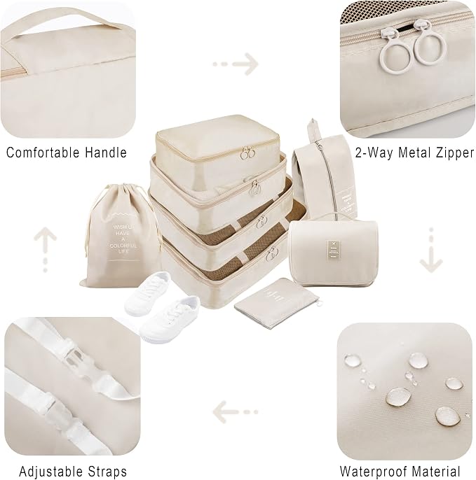 Packing Cubes, 8 Pcs Travel Packing Organizers for Suitcases, Large Capacity Travel Luggage Organizers Set includes 8 Storage Bags (Beige) - Image 6