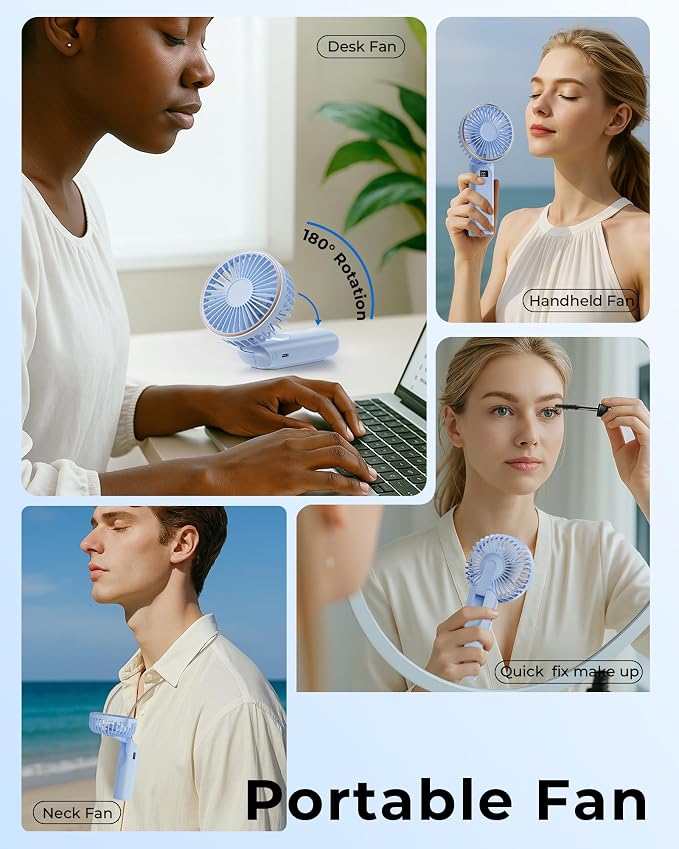 TUNISE Portable Handheld Fan, Portable Fan Rechargeable, 4000mAh, 180° Adjustable, 6 Speed Wind, Display Electricity in Real Time, USB Rechargeable Foldable Fan, Quiet Personal Fan as Power Bank - Image 7