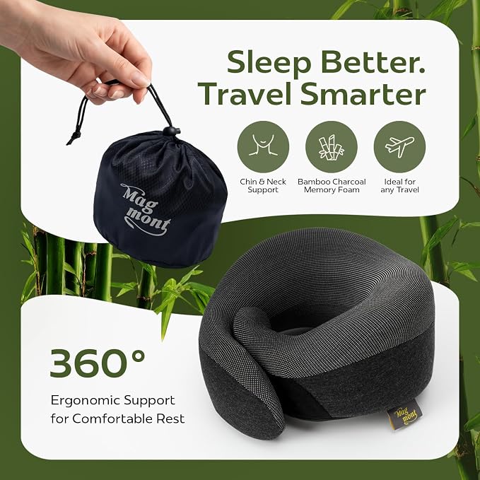 Travel Neck Pillow for Airplanes, Bamboo Charcoal Memory Foam | 360° Chin Support, Neck Pillow for Long Flights, Removable & Washable Cover, Travel Kit Included, 2 Color - Image 5