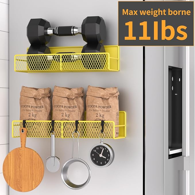 Magnetic Spice Rack for Refrigerator, 2 Pack 100% Metal Strong Magnet Shelf, Space Saving Spice Organizer W/ Hooks, Movable Magnetic Fridge Shelf, Kitchen Home Laundry Room Storage Organization,Yellow - Image 4