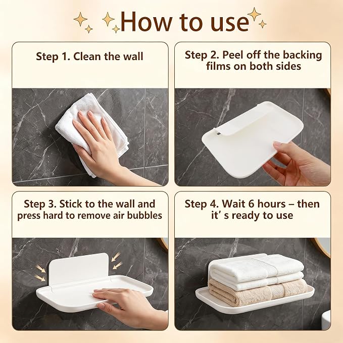 Foldable Floating Shelf, No Drill Wall Shelves, Adhesive Organizer Tray | Small White Stick on Plastic Shelf, Portable Damage Free Adhesive Shelves for Bedroom Bathroom Kitchen Office - Image 5
