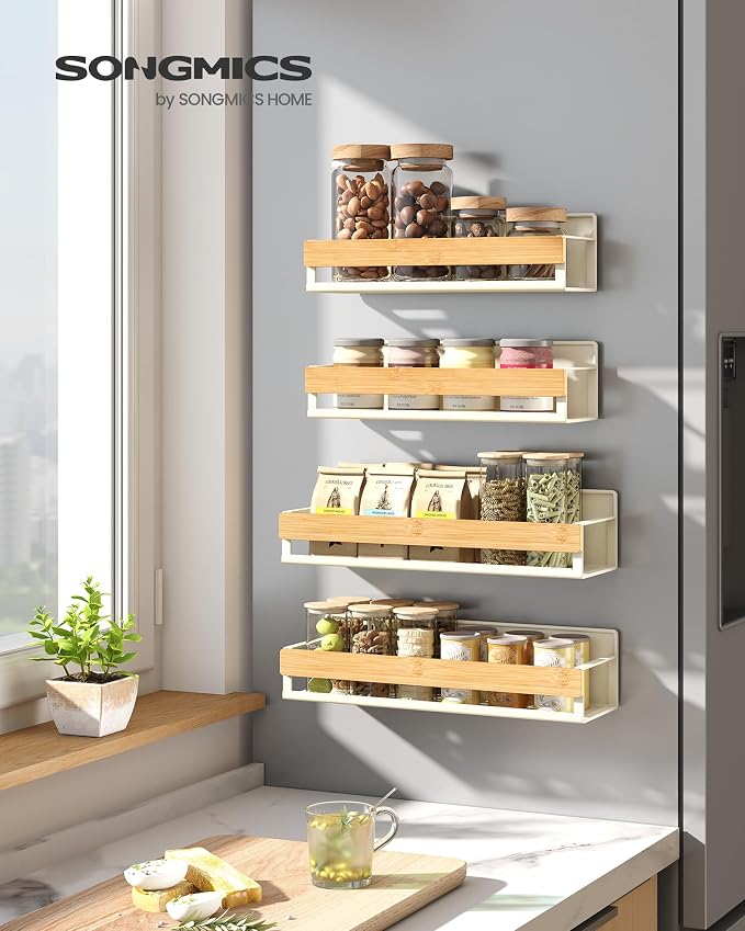 SONGMICS 4-Pack Strong Magnetic Real Bamboo Spice Racks for Fridge | Kitchen Organizer Shelf, 11.8 x 4.1 x 3 / 10.6 x 3.6 x 3 in, Cream White and Light Bamboo, BYSTRO Collection, UKCS062WD01 - Image 2