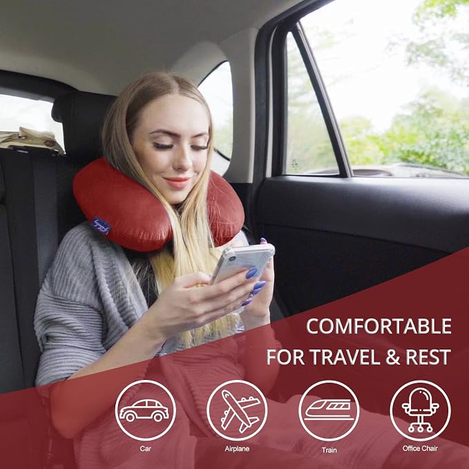 Neck Pillows for Travel - Airplane Pillow for Long Flight with Attachable Snap Strap Washable Cover, Memory Foam Travel Rest Pillow for Airplanes, Plane, Neck Support for Adults Red - Image 3
