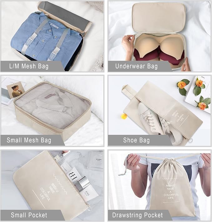 Packing Cubes, 8 Pcs Travel Packing Organizers for Suitcases, Large Capacity Travel Luggage Organizers Set includes 8 Storage Bags (Beige) - Image 4