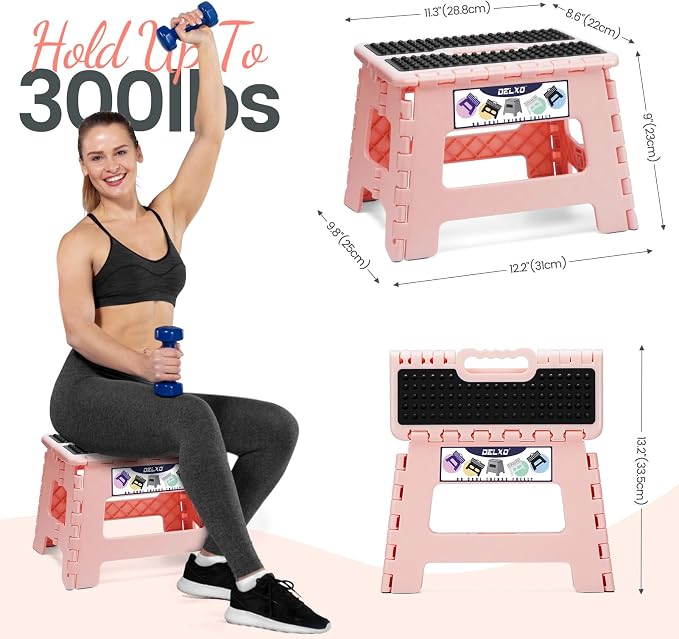 Delxo 9 Inch Kids Step Stool,300 Lbs Folding Step Stool for Toddler Pink | Foldable Step Stool,Non-Slip Foot Stools with Handle, Lightweight Collapsible Stool for Kitchen,Bathroom,Bedroom,Garden - Image 3