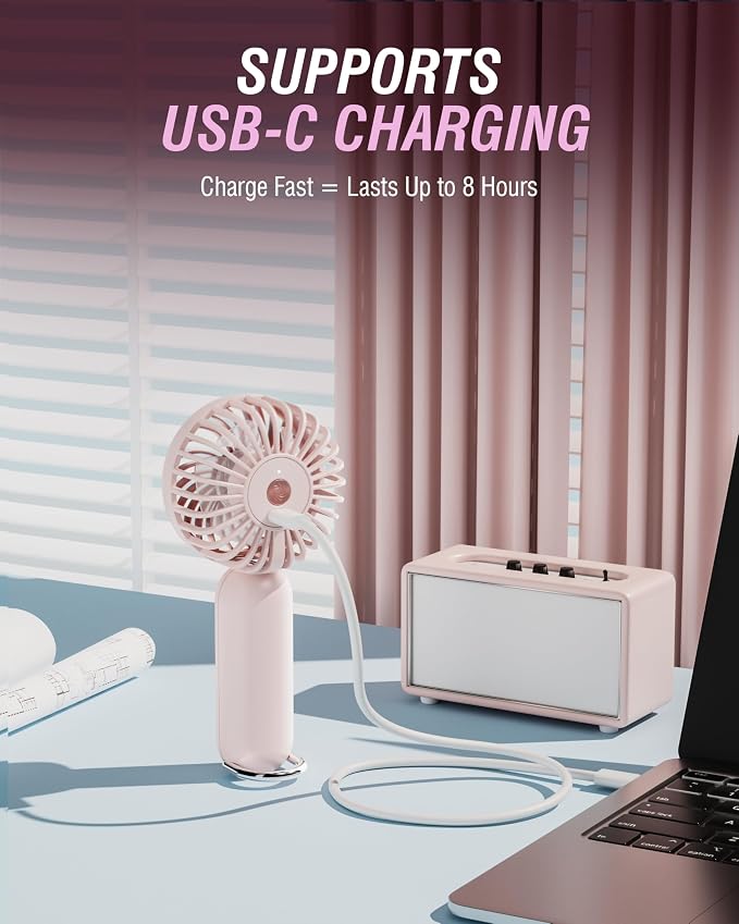 SABRENT ChillyPop Mini Rechargeable Personal Fan, USB-C, Pink | Lightweight quiet cooling; rechargeable USB-C; pocket-sized; travel & makeup fan; pink - Image 7