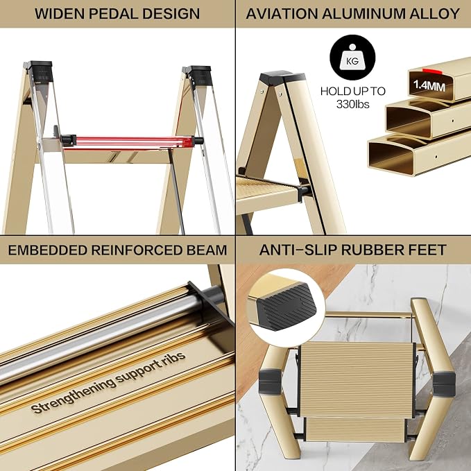 2 Step Ladder, Folding Step Stool with Anti-Slip Wide Pedal | Lightweight, Aluminum Material, 330LBS Load, Portable, Easy Storage, Space Saving, for Kitchen, Bedroom Use, Gold - Image 4