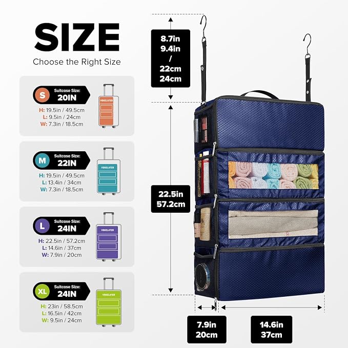 Vokelater Suitcase Organizer, Travel Luggage Organizer with Hanging Shelves & Packing Cubes - Collapsible & Portable for Carry-on, Large, Blue - Image 2