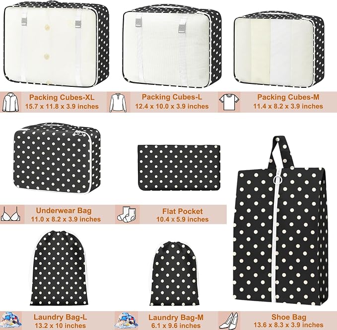 Packing Cubes for Travel - 8 Set Luggage Organizer Bags for Family, Mesh Breathable Packing Cubes for Suitcases Durable Travel Essentials Bags Set (White Polka Dots) - Image 2