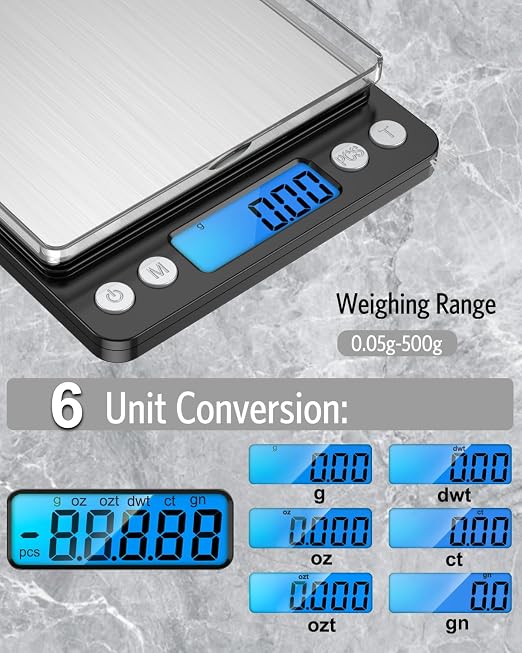 AMIR Digital Kitchen Scale, 500g/0.01g Mini Pocket Jewelry Scale, Cooking Food Scale with Backlit LCD Display, 2 Trays, 6 Units, Auto Off, Tare, PCS Function, Stainless Steel, Battery Included, Black - Image 4