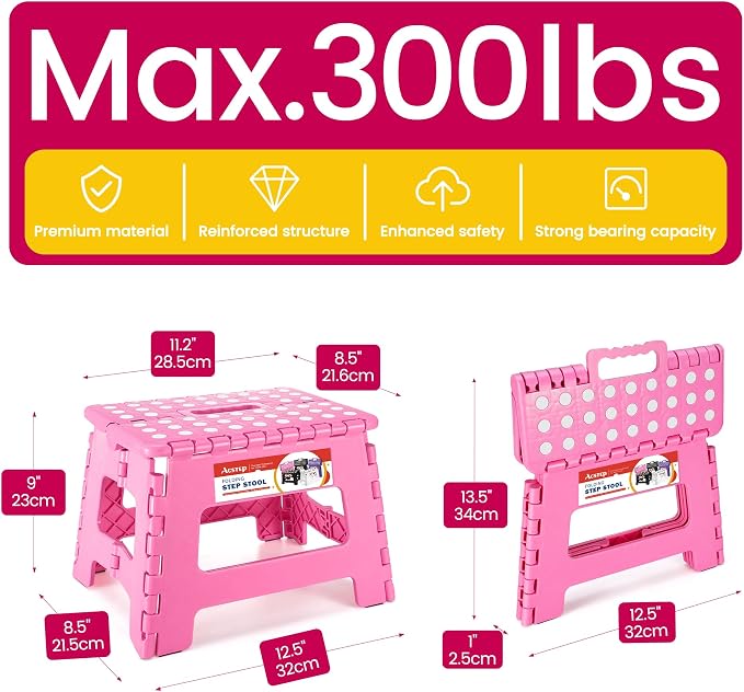 9" Folding Step Stool for Kids, Holds 300 lb Foldable Stools, Pink | Heavy Duty Collapsible Foot Stools, Lightweight, Non-Slip, for Toddler/Adults Kitchen Bathroom Bedroom Outdoor, with Handle - Image 4
