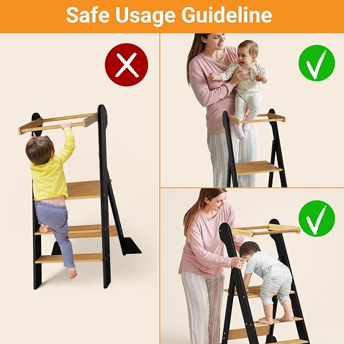 COSYLAND Foldable Toddler Kitchen Stool Helper - Height Adjustable Standing Tower for Bathroom Sink or Kitchen Counter - Step Stool for Toddlers Ages 18 Months to 6 Years Black & Natural | Folding 2-level Height Stand Tower, kids 18M-6Y, 70% pre-assemb... - Image 9