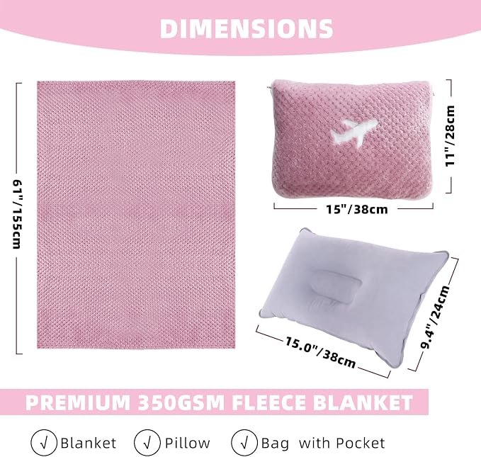 3 in 1 Travel Blanket Pillow Set - 350 GSM Thick Travel Blanket Airplane Compact with Bag, Soft Bag with a Pocket, Inflatable Travel Pillow for Camping & Car Trip (Blush Pink) - Image 6