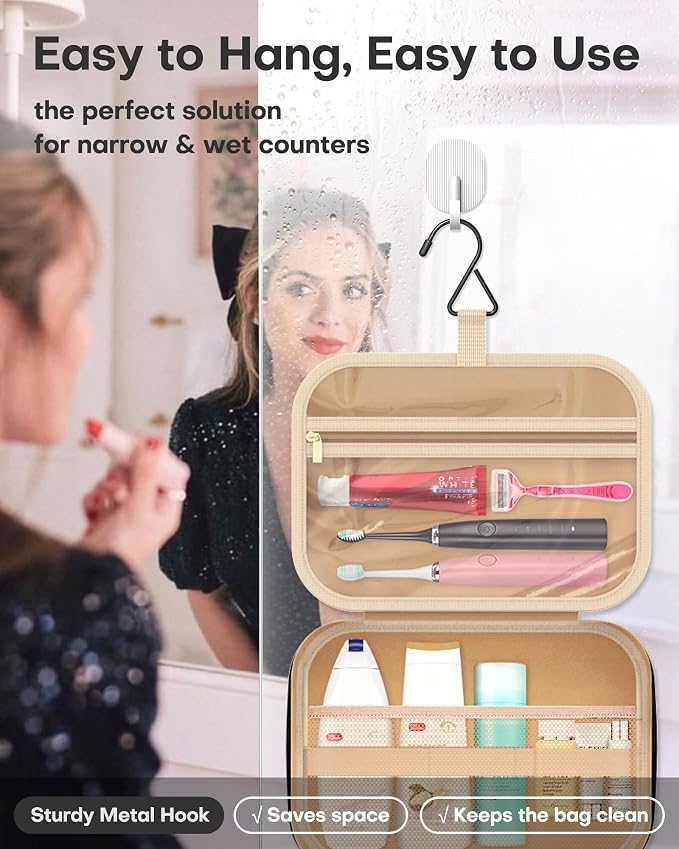 HOTOR Hanging Travel Toiletry Bag Women Men, Rosewood-Pink, Large | Waterproof Makeup Bag Hanging Hook,Multiple Pockets,Travel Essentials,12.6 x 4.3 x 9.9inches - Image 3