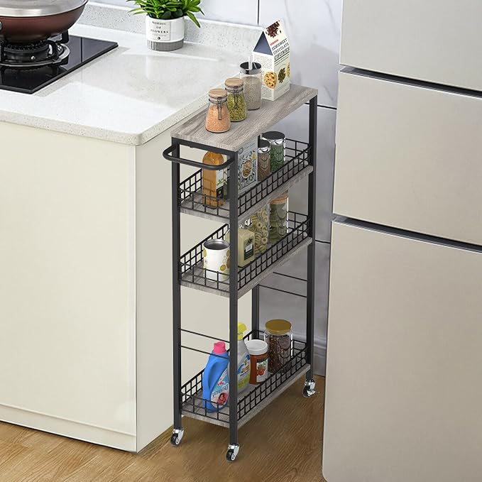 NOVIMANGO Slim Storage Cart Narrow Kitchen Cart 4 Tier, Grey | Slim Rolling Cart for Kitchen, Slim Bathroom Storage Cart with Wheels, with Wood Tabletop, for Narrow Spaces - Image 2